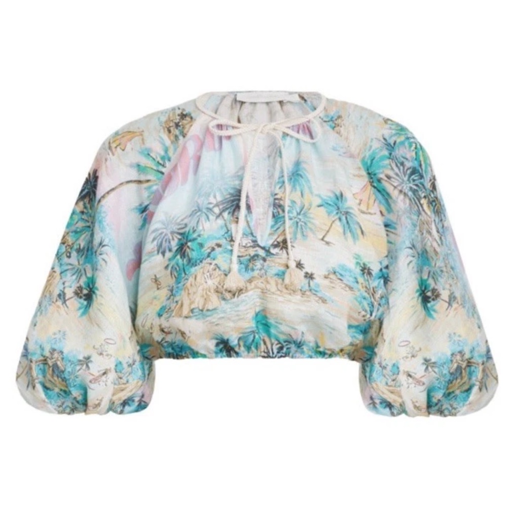 Zimmermann Vacay Puff Sleeve Linen Crop Top In Blue Multi Tropical Blouse